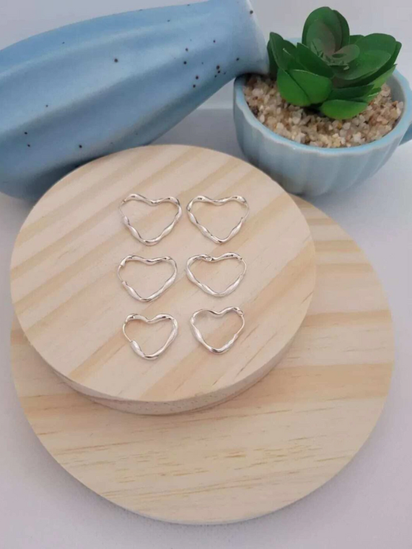Trio Argolas Coração em Fio Ondulado